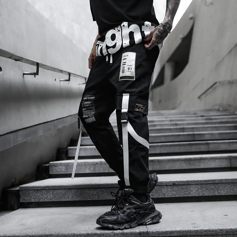 Men's Dark Loose Web Cargo Pants for Hip Hop Style