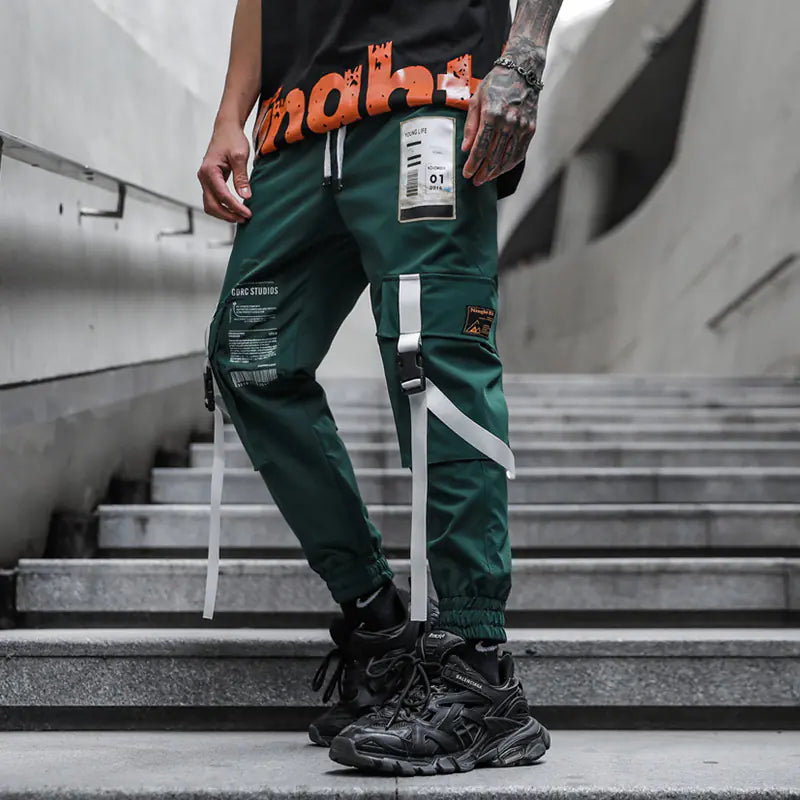 Men's Dark Loose Web Cargo Pants for Hip Hop Style
